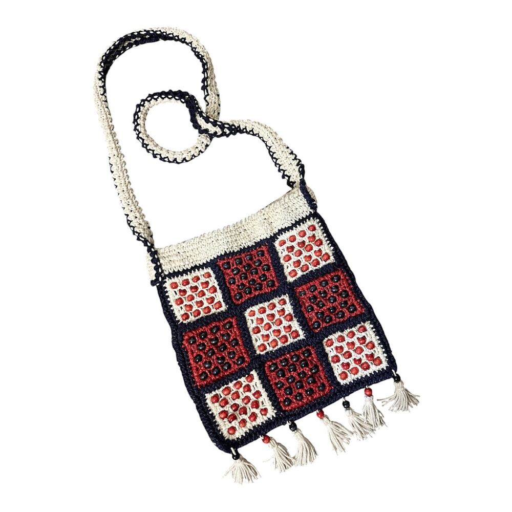 Vintage woven beaded bag purse Japan crochet hippie eclectic gift boho crossbody